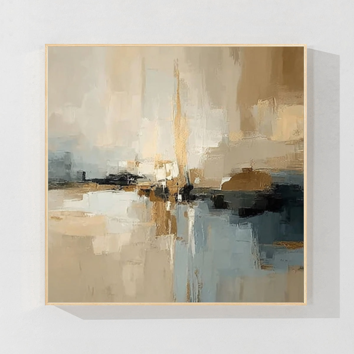 Neutral beige and blue abstract wall art with wood frame, natural modern wall decor for contemporary home