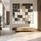 Neutral black and beige grid abstract painting with gold frame, textured modern wall art for luxury home decor