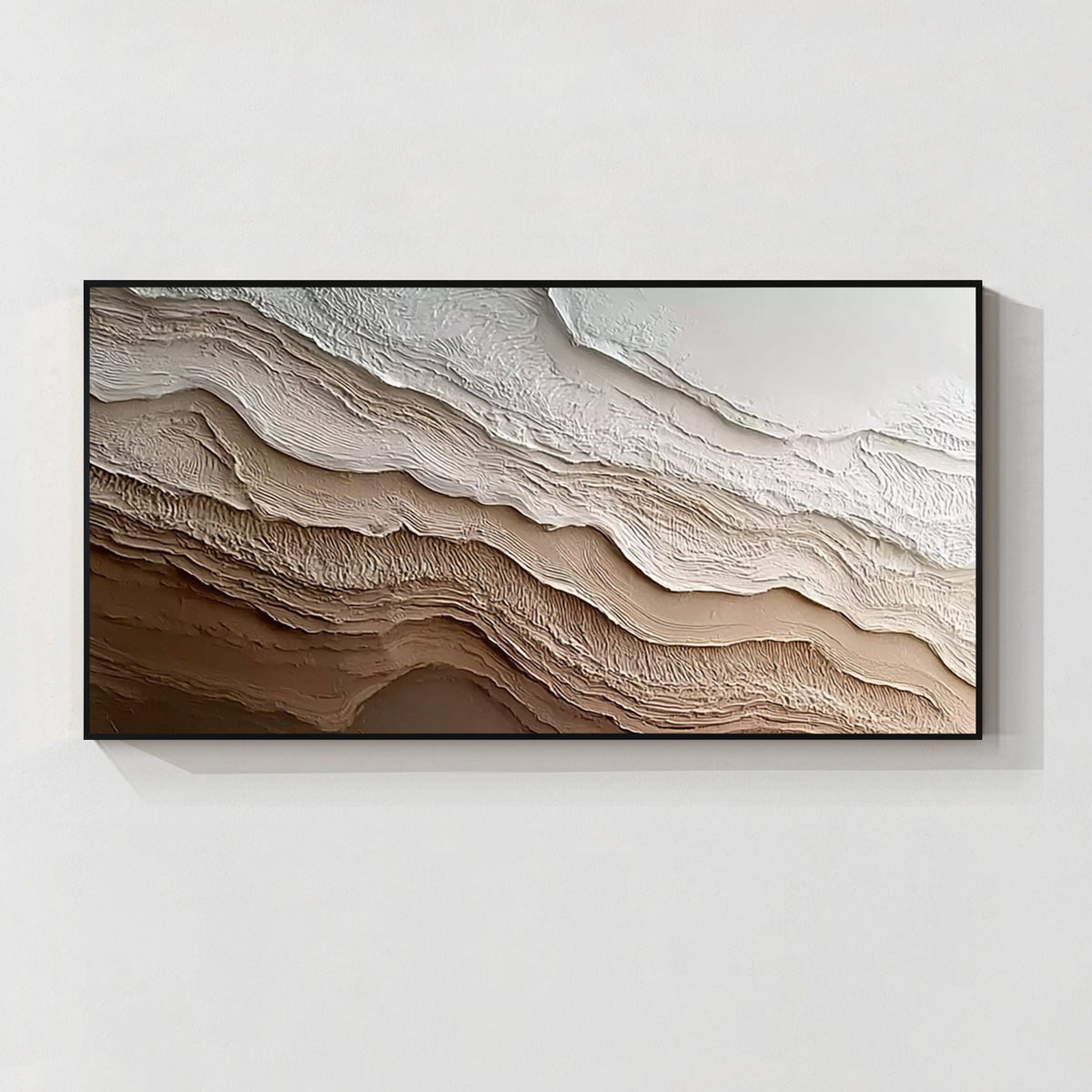 Neutral beige and brown flowing relief textured abstract wall art with black frame