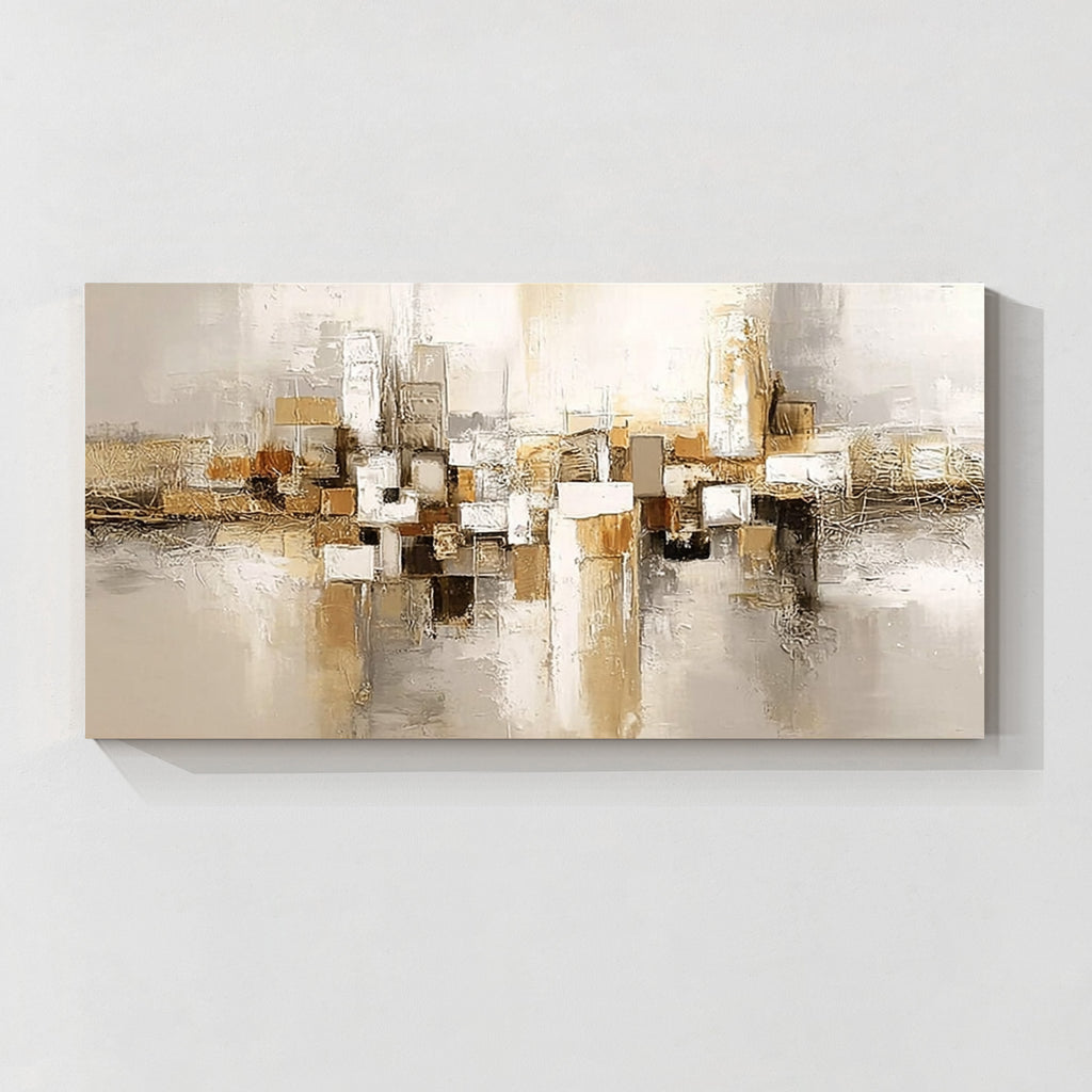 Neutral beige geometric abstract wall art with gold and white tones, modern textured canvas painting for contemporary home decor