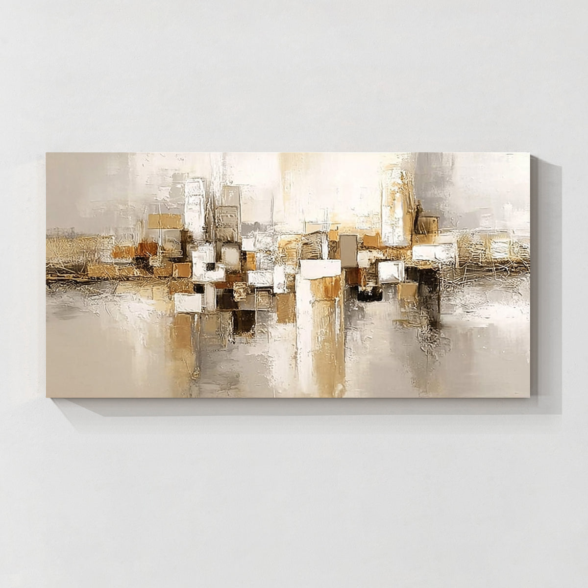 Neutral beige geometric abstract wall art with gold and white tones, modern textured canvas painting for contemporary home decor