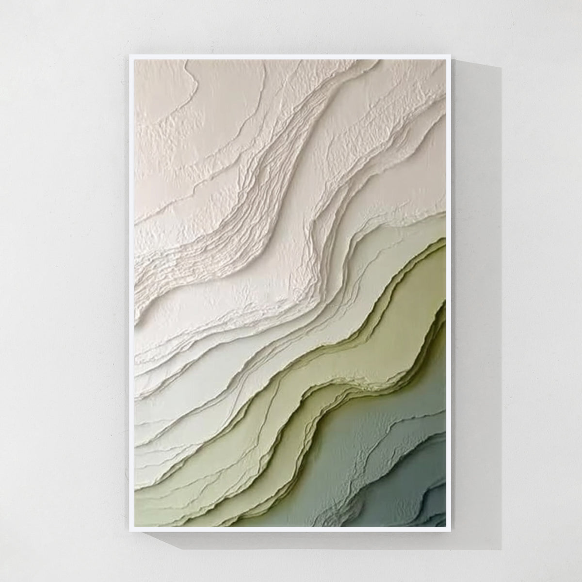 Neutral green textured abstract wall art with white frame featuring organic layered patterns for contemporary home decor