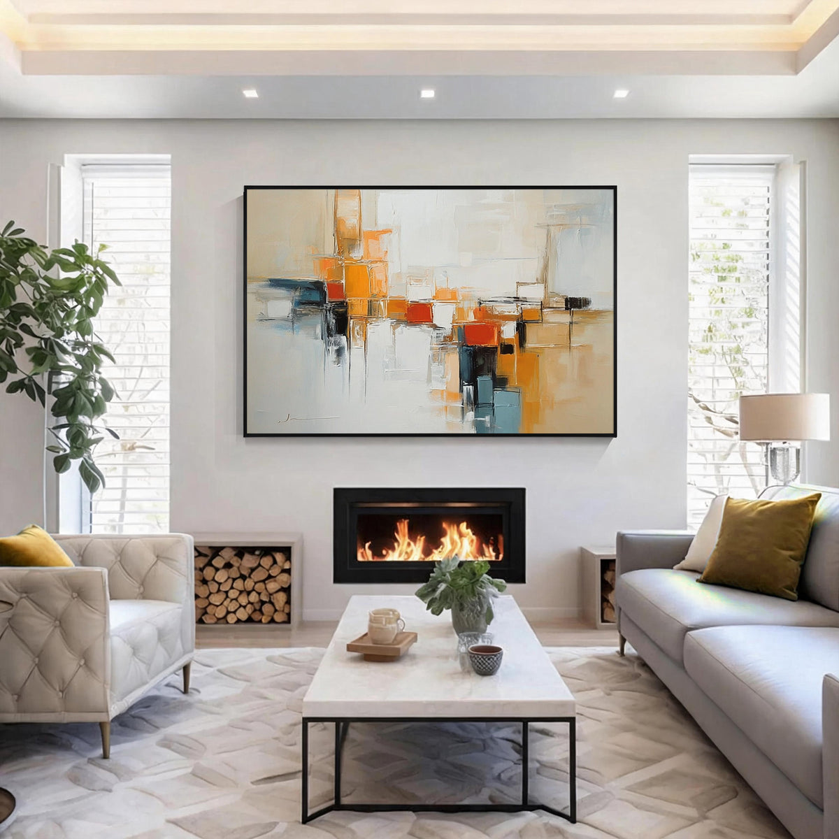 Neutral orange geometric abstract wall art with black frame displayed above a fireplace in a modern living room, featuring textured painting and contemporary home decor