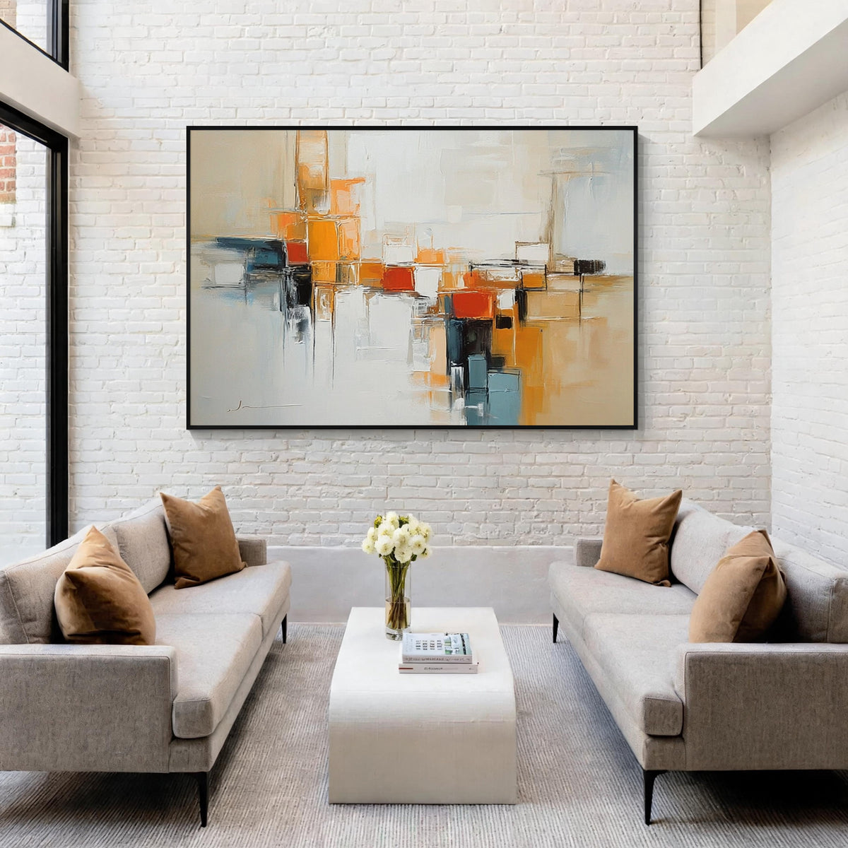 Neutral orange geometric abstract wall art with black frame displayed in a modern living room, featuring textured abstract painting and contemporary interior decor