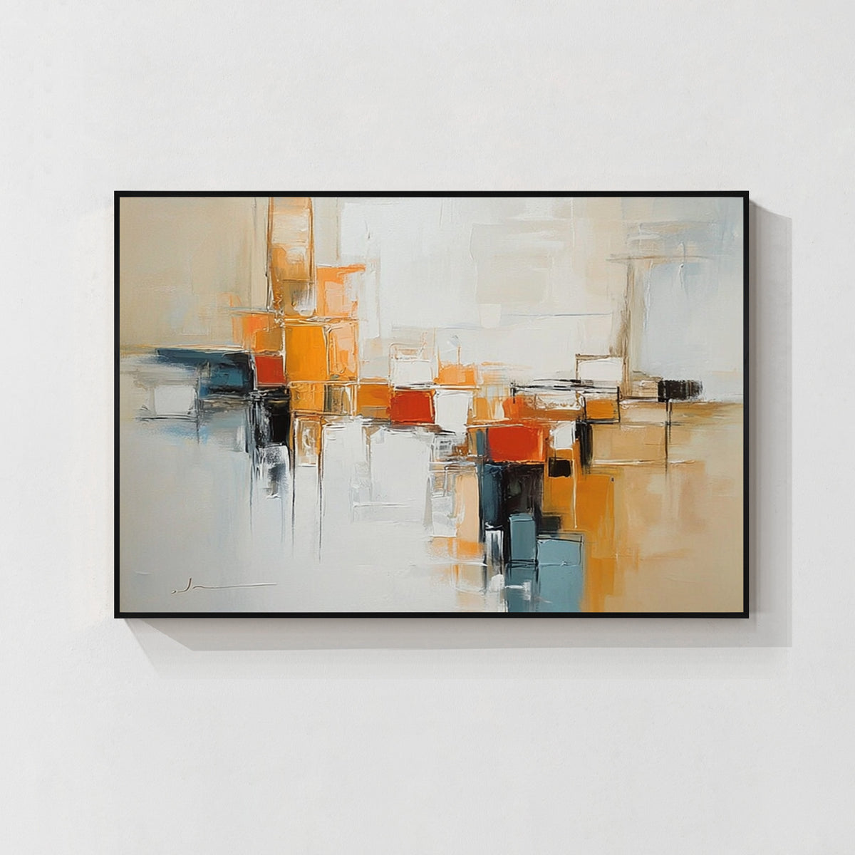 Neutral orange geometric abstract wall art with black frame featuring textured modern painting for contemporary interior decor