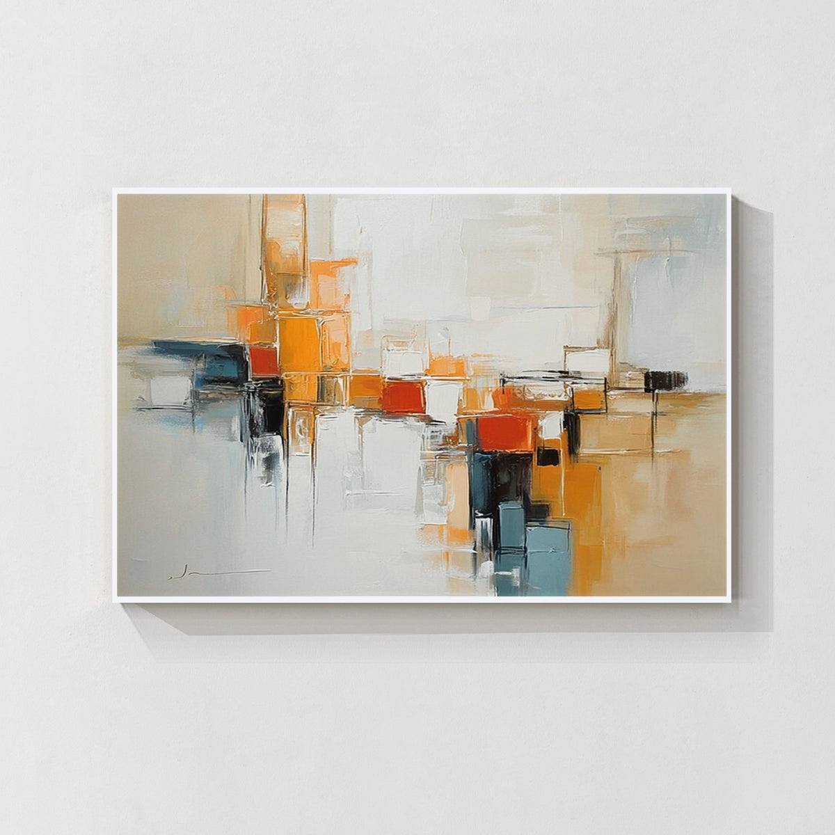 Neutral orange geometric abstract wall art with white frame featuring minimalist textured artwork for modern home decoration