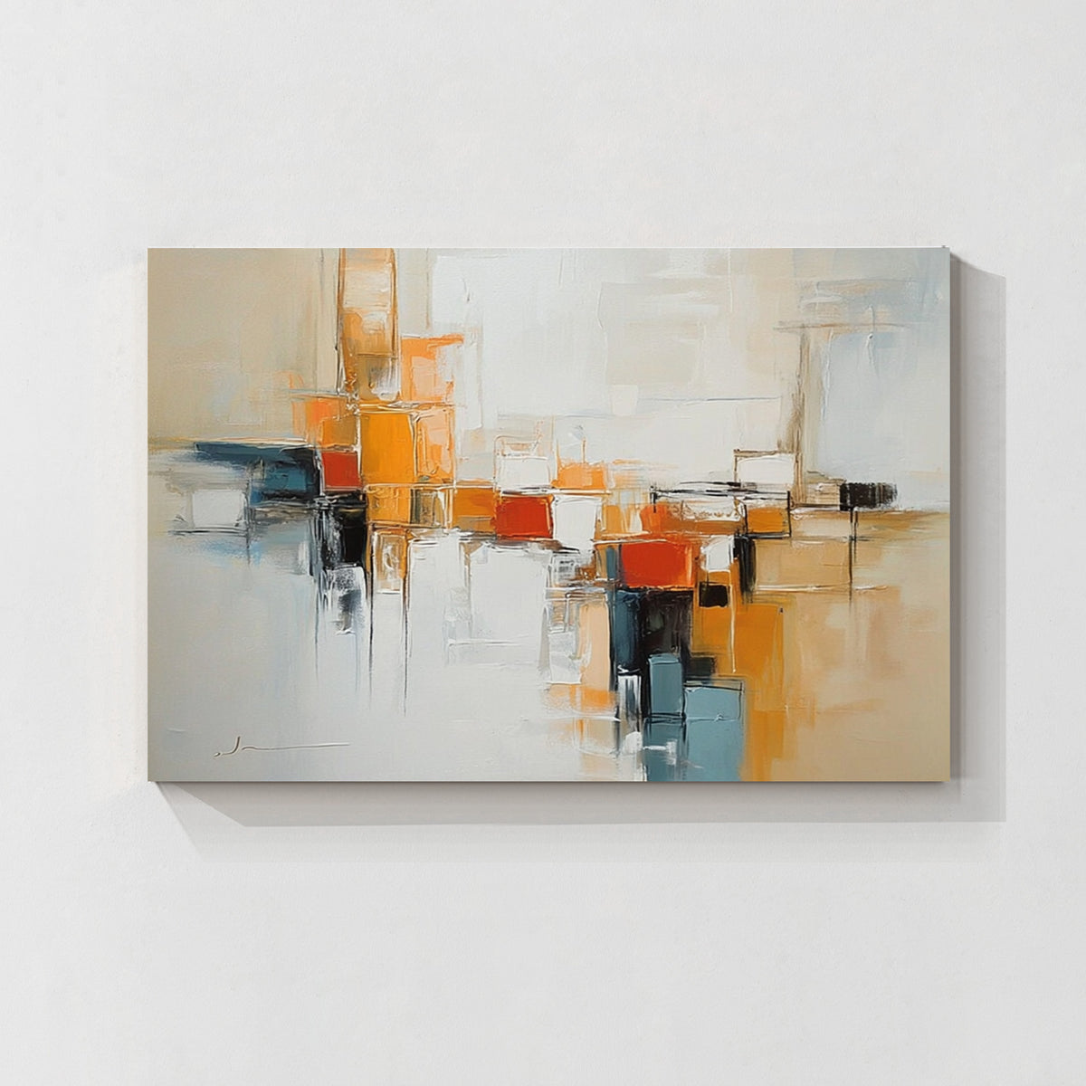 Neutral orange geometric abstract wall art with modern textured painting design for contemporary home decor