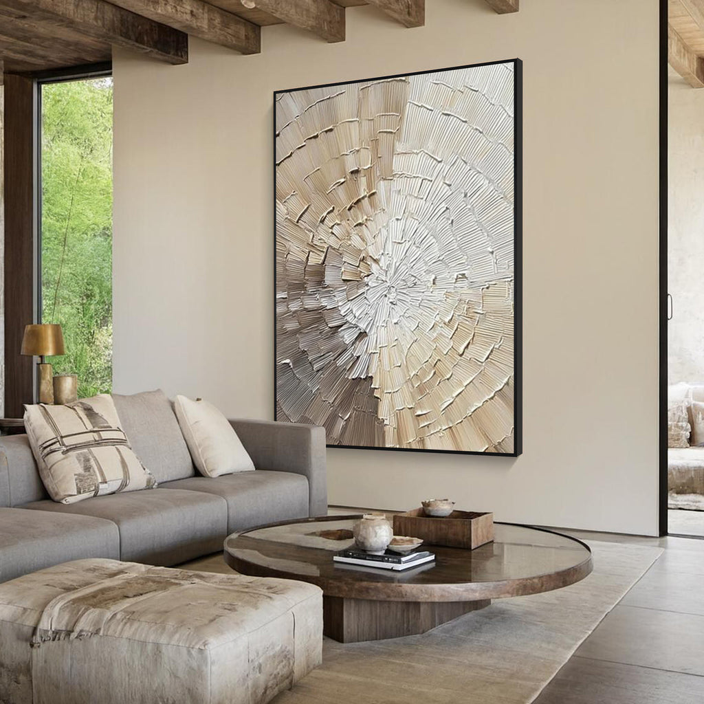Neutral relief textured abstract wall art with black frame, minimalist plaster artwork for contemporary interior decoration