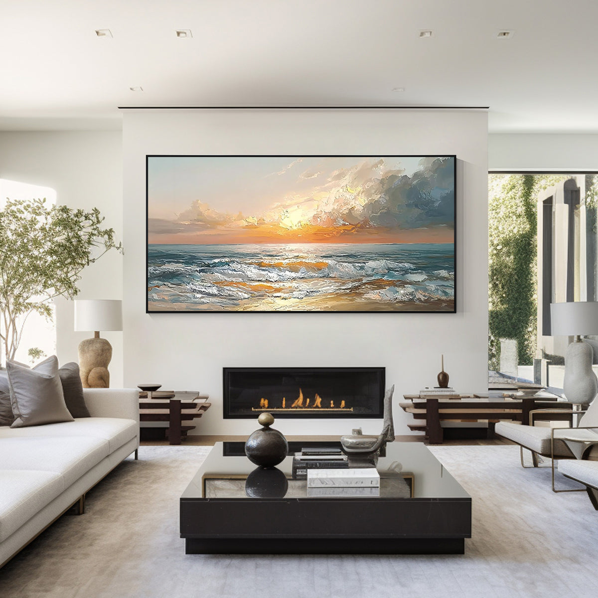 Ocean landscape wall art painting displayed above a fireplace in a modern living room interior