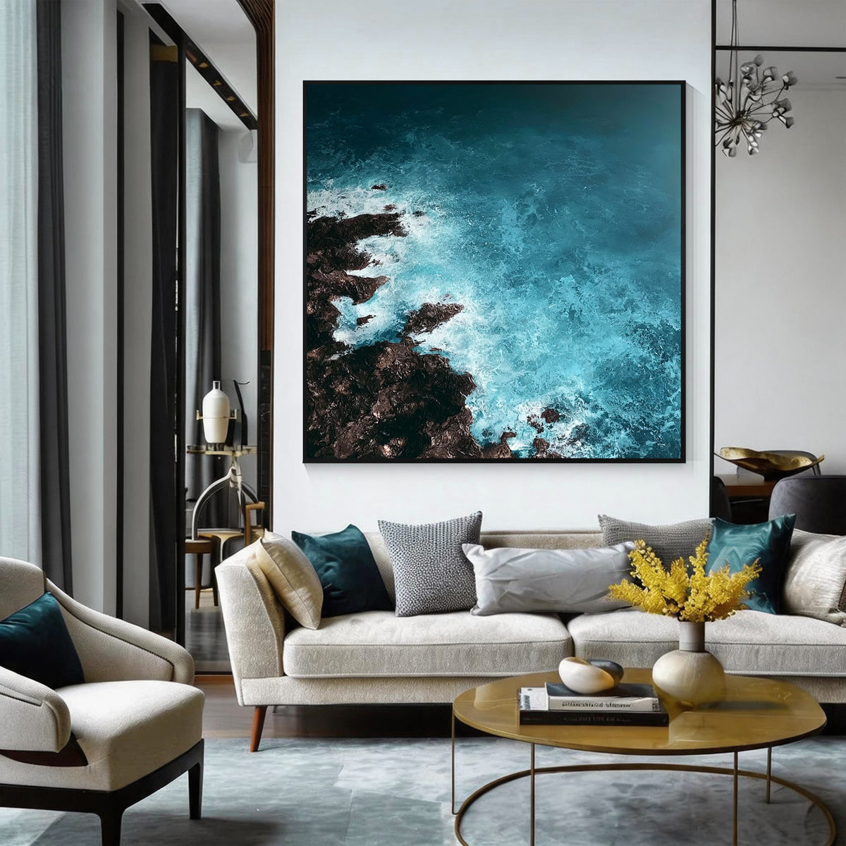 Blue ocean wave abstract wall art with black frame, modern coastal artwork for living room decor