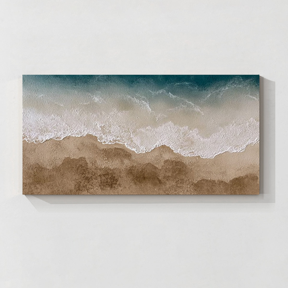 Textured ocean wave beach wall art with teal blue water and sandy beige tones