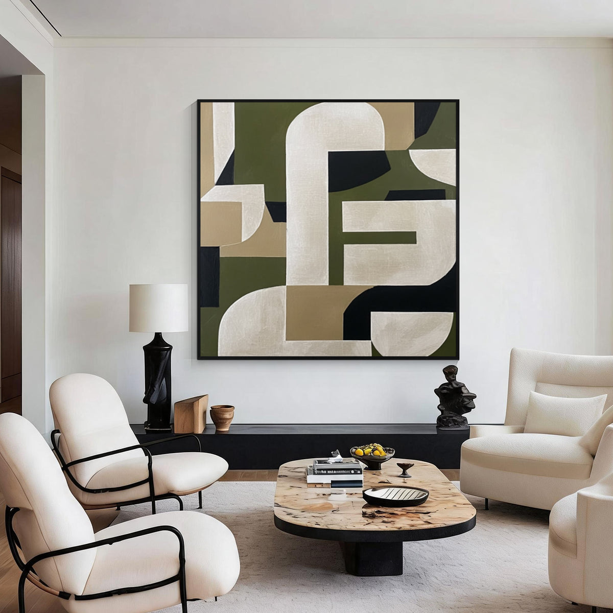 Olive green and beige geometric abstract art with black frame displayed in a modern lounge, elegant contemporary wall decor