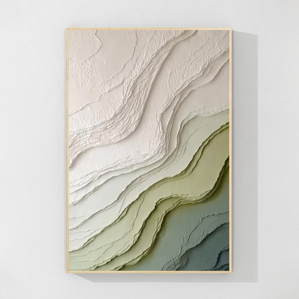 Organic textured abstract painting with wood frame featuring soft green beige tones for modern interior decoration
