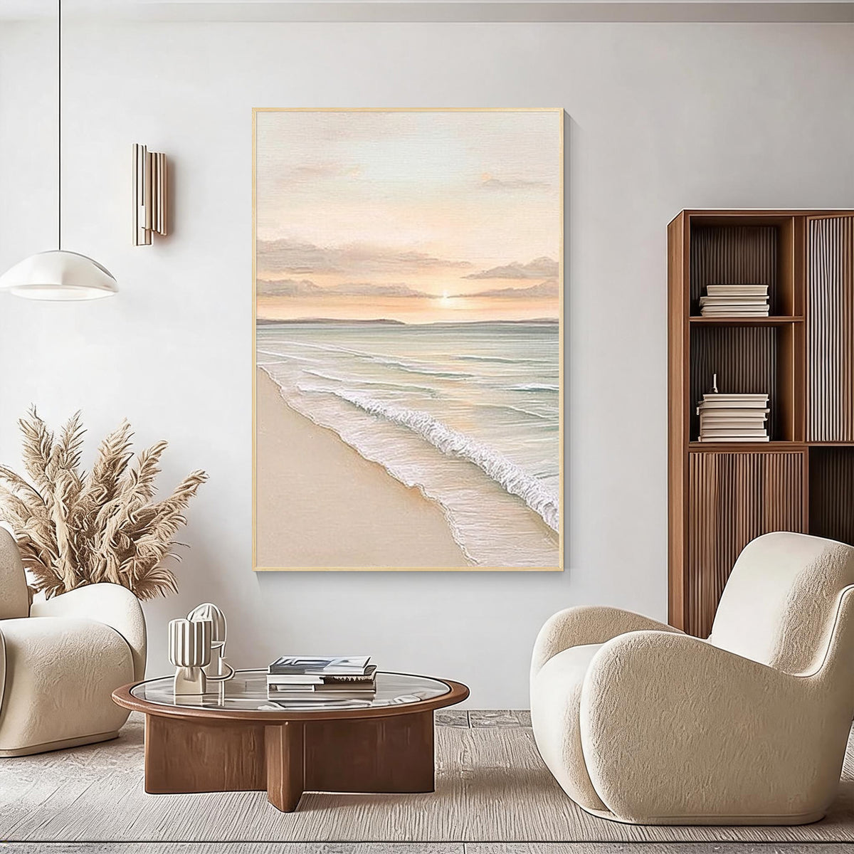 Peaceful coastal ocean beach painting with gold frame displayed as modern wall decor in a stylish living room