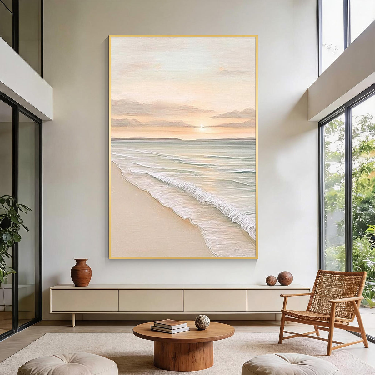 Serene coastal seascape painting with gold frame displayed in a modern minimalist living room
