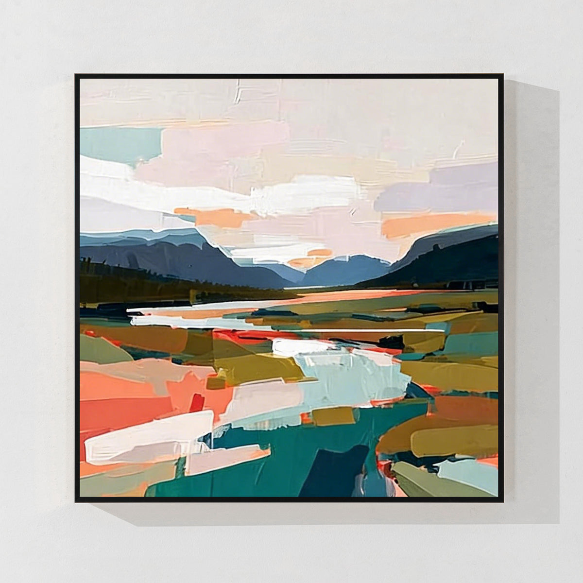 Soft color abstract landscape wall art with black frame featuring modern mountain and field painting style for contemporary interior decor