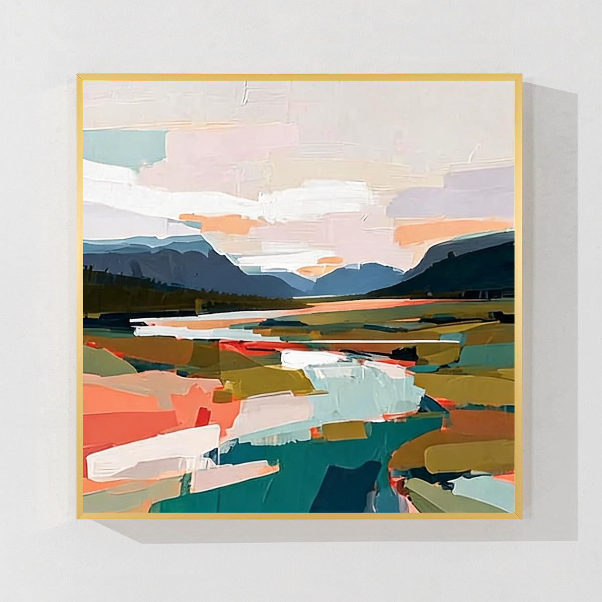 Soft color abstract landscape wall art with gold frame featuring pastel fields and mountains for elegant modern home decoration