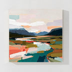 Soft color abstract landscape wall art featuring layered fields, mountains and modern brush strokes in pastel tones for contemporary home decor