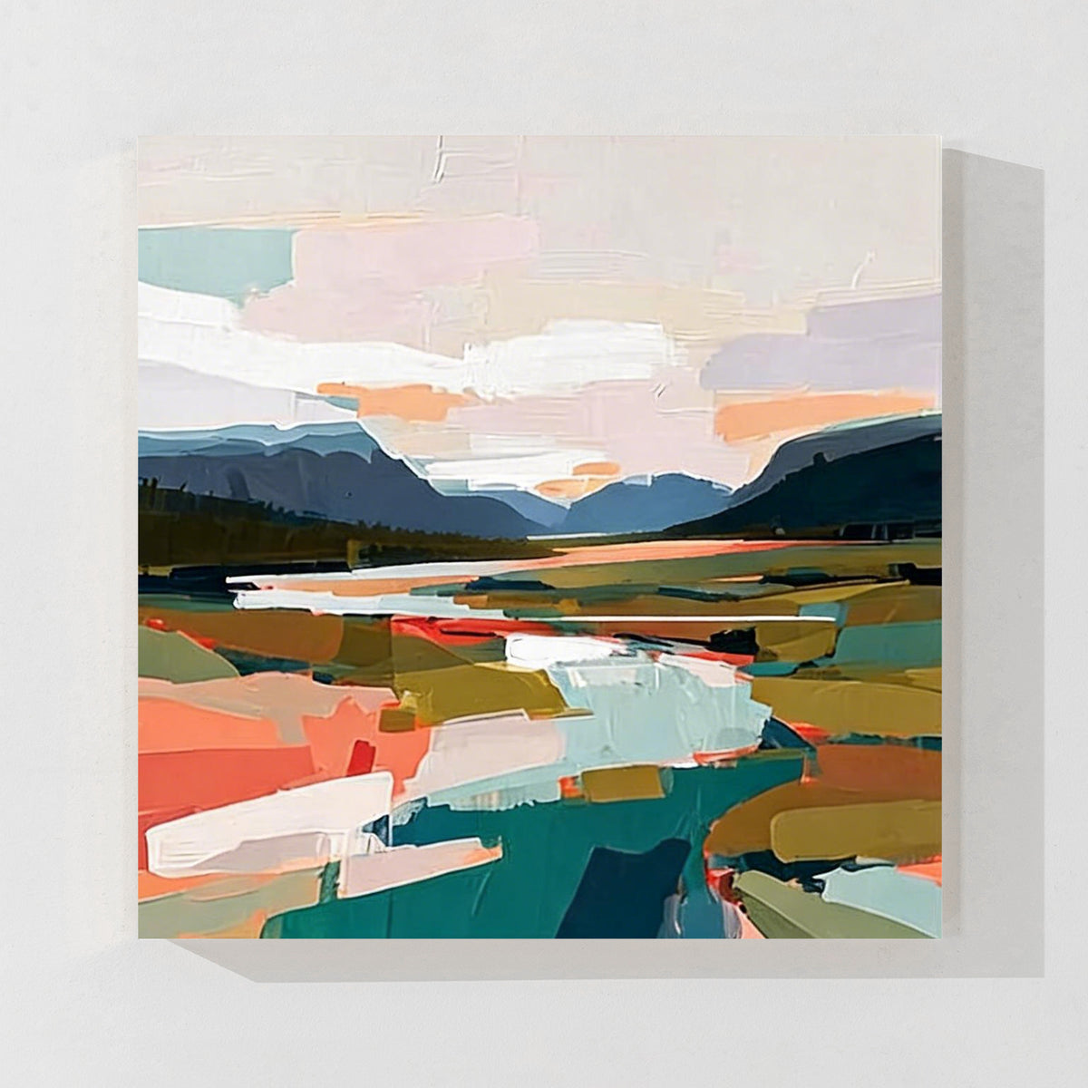 Soft color abstract landscape wall art featuring layered fields, mountains and modern brush strokes in pastel tones for contemporary home decor