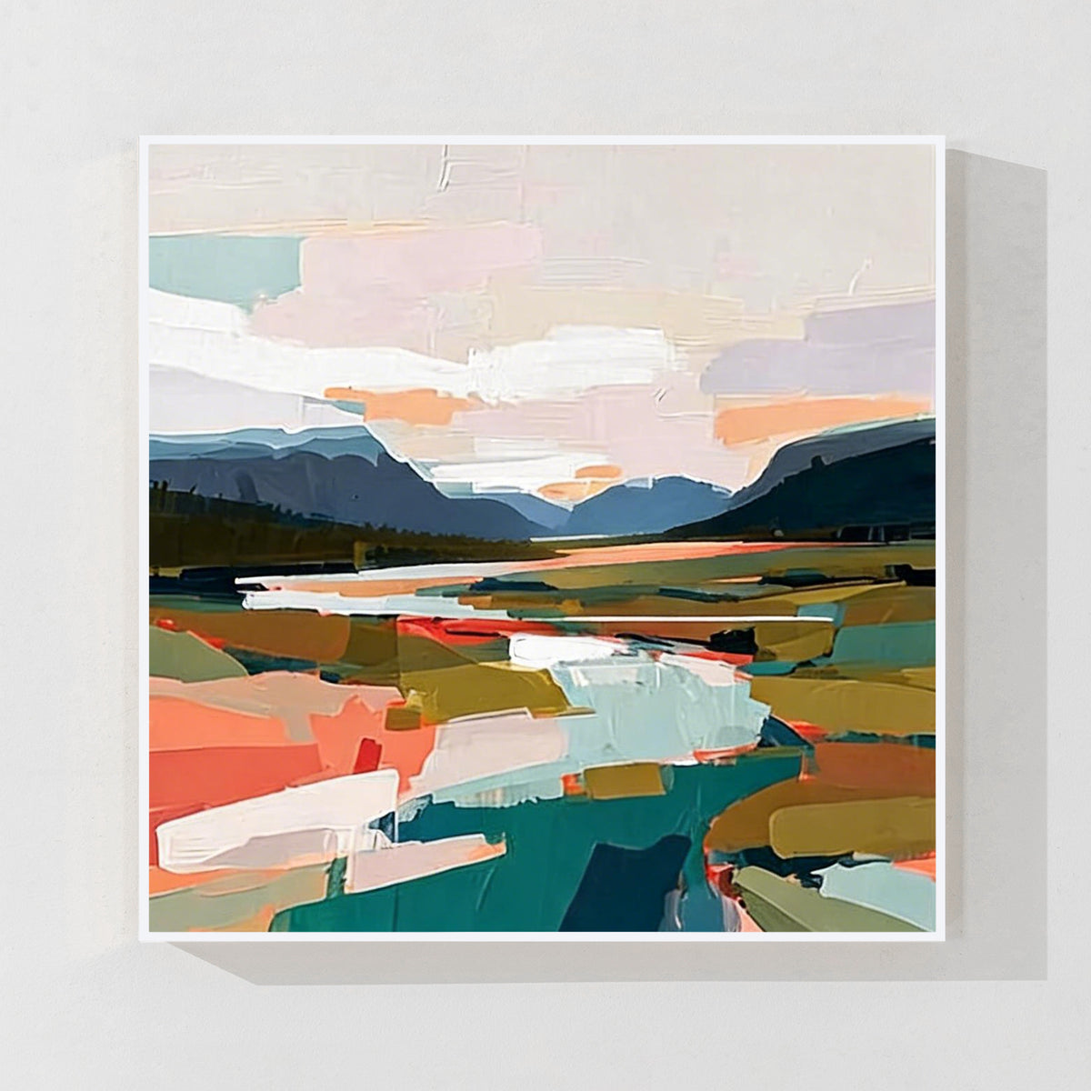 Soft color abstract landscape wall art with white frame featuring minimalist pastel tones and modern canvas design