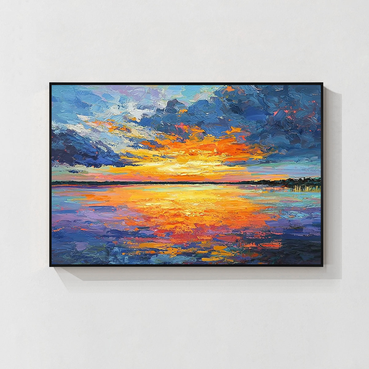Sunset ocean abstract wall art with black frame, modern coastal painting for living room decor