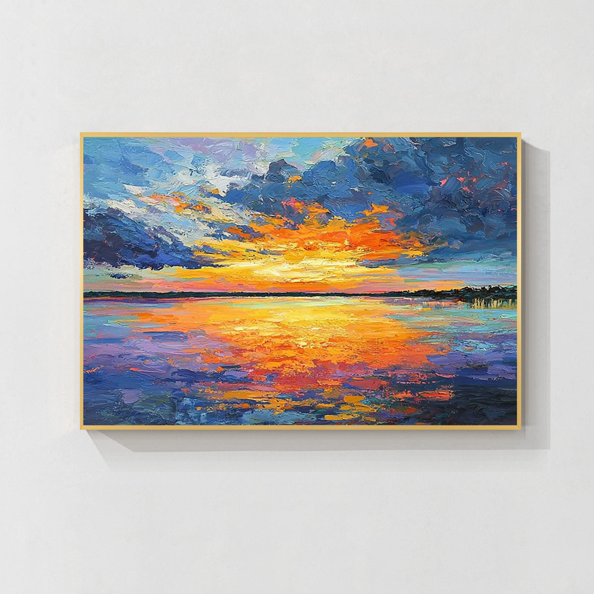 Sunset ocean abstract wall art with gold frame, colorful modern painting for elegant home decor