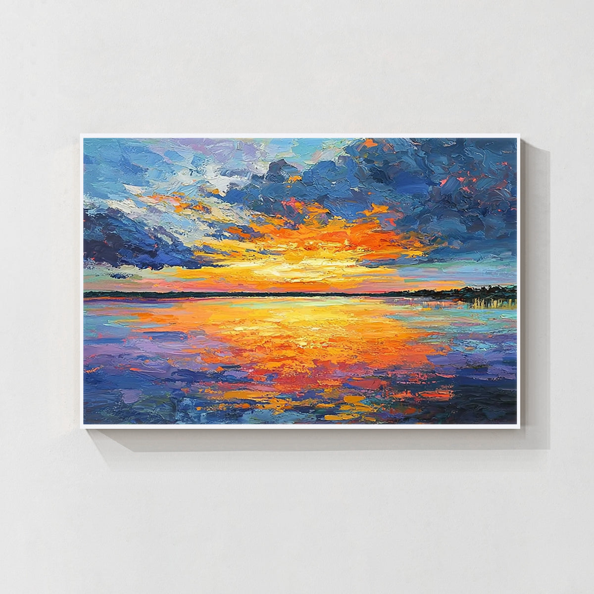 Sunset ocean abstract wall art with white frame, minimalist colorful painting for modern interior