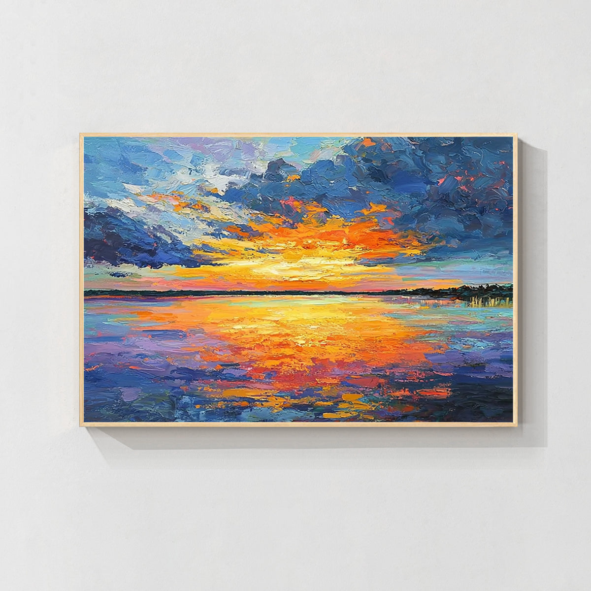 Sunset ocean abstract wall art with wood frame, natural modern artwork for contemporary home decor