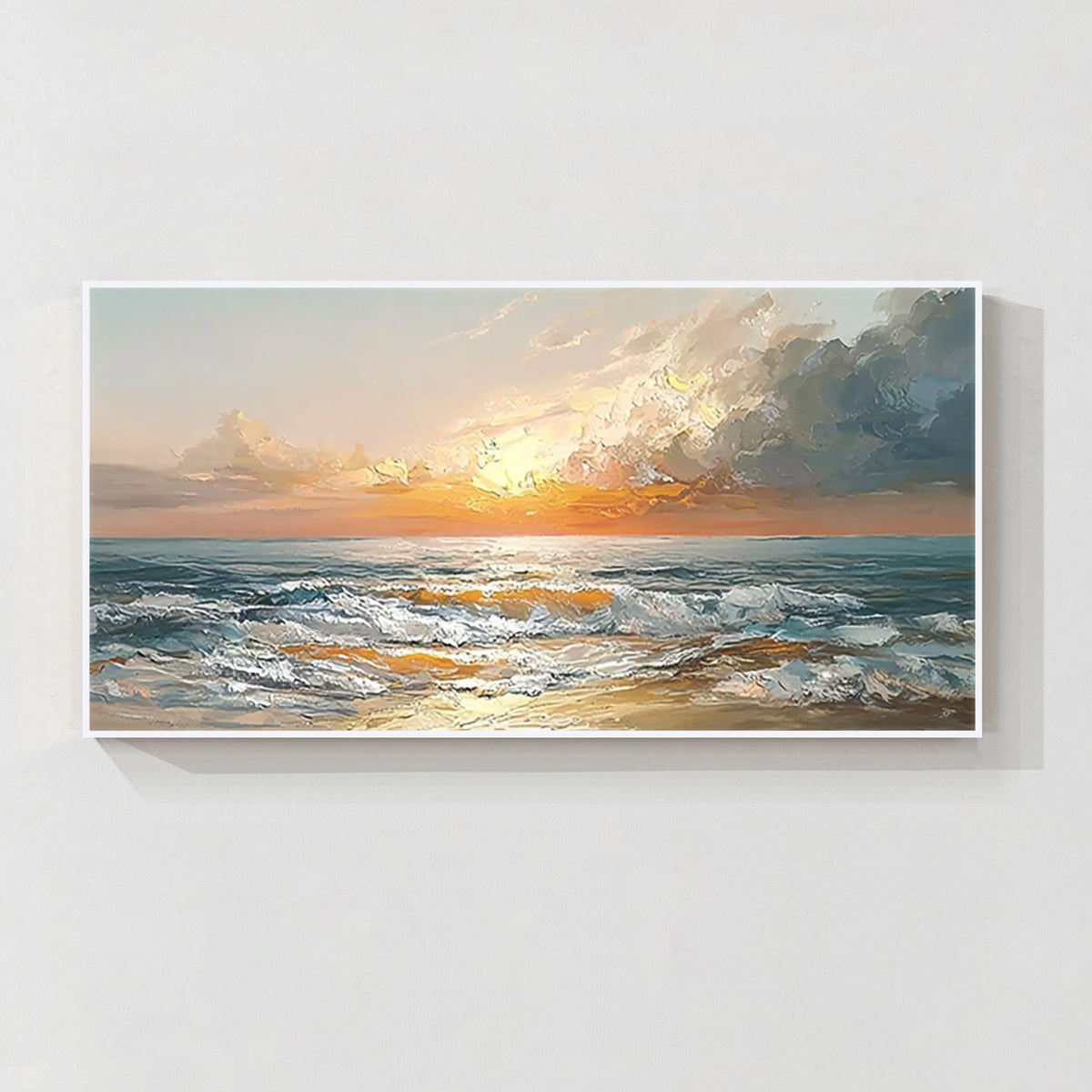 Sunset ocean landscape wall art painting with waves and golden sky in a white frame