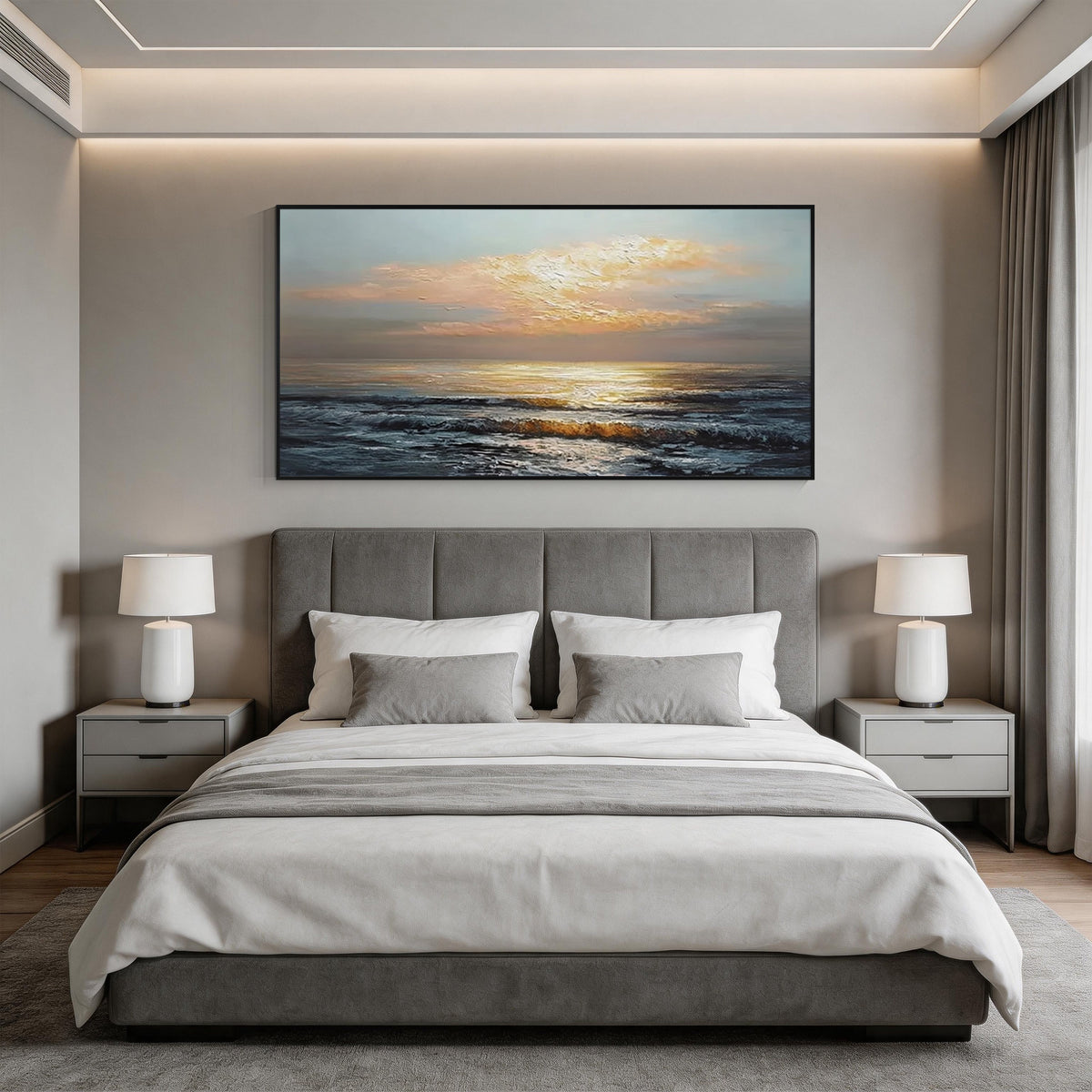 Sunset ocean wall art with black frame displayed above the bed in a modern bedroom, featuring golden sunlight and textured ocean waves