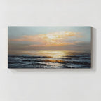 Sunset ocean wave wall art with golden light over the sea, modern coastal canvas decor