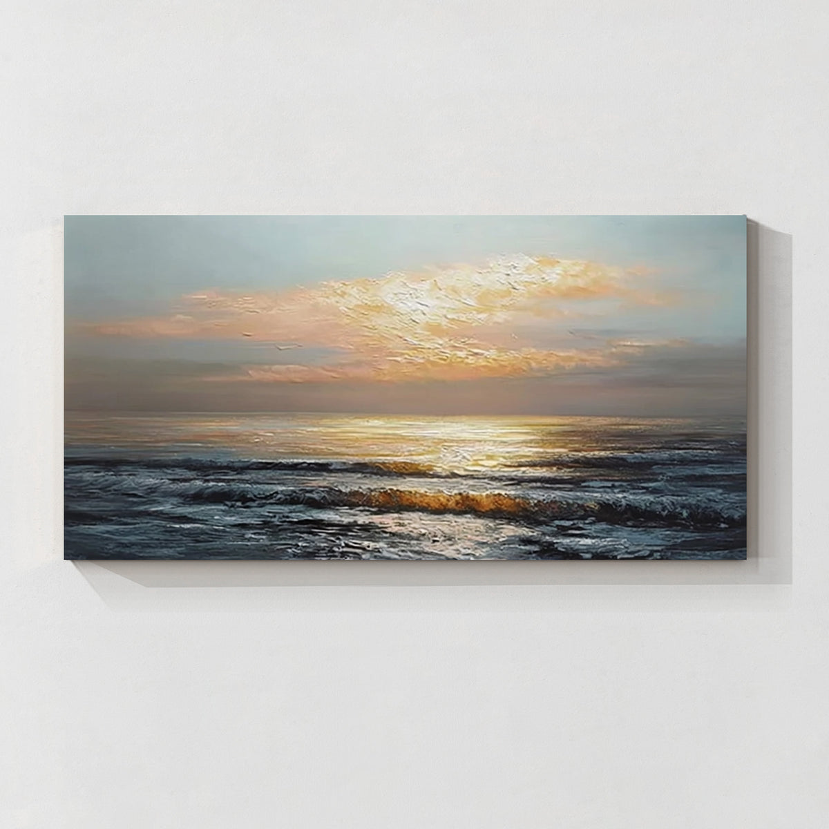 Sunset ocean wave wall art with golden light over the sea, modern coastal canvas decor