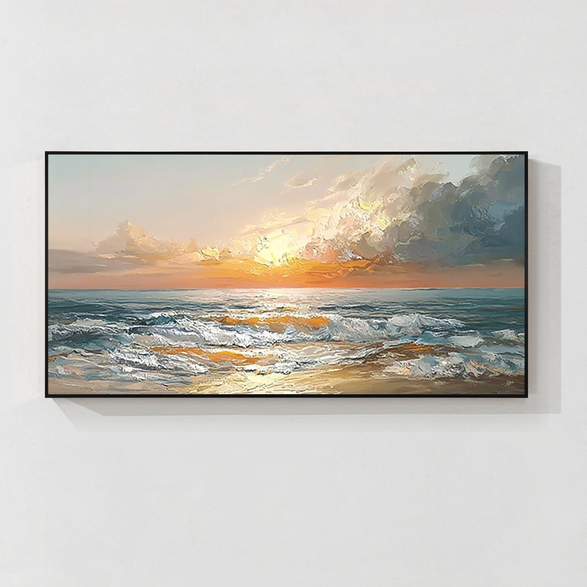 Sunset seascape wall art painting with ocean waves and golden sky in a black frame