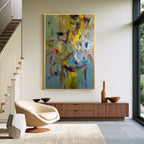 Vibrant abstract wall art with gold frame, colorful modern painting for contemporary living room decor
