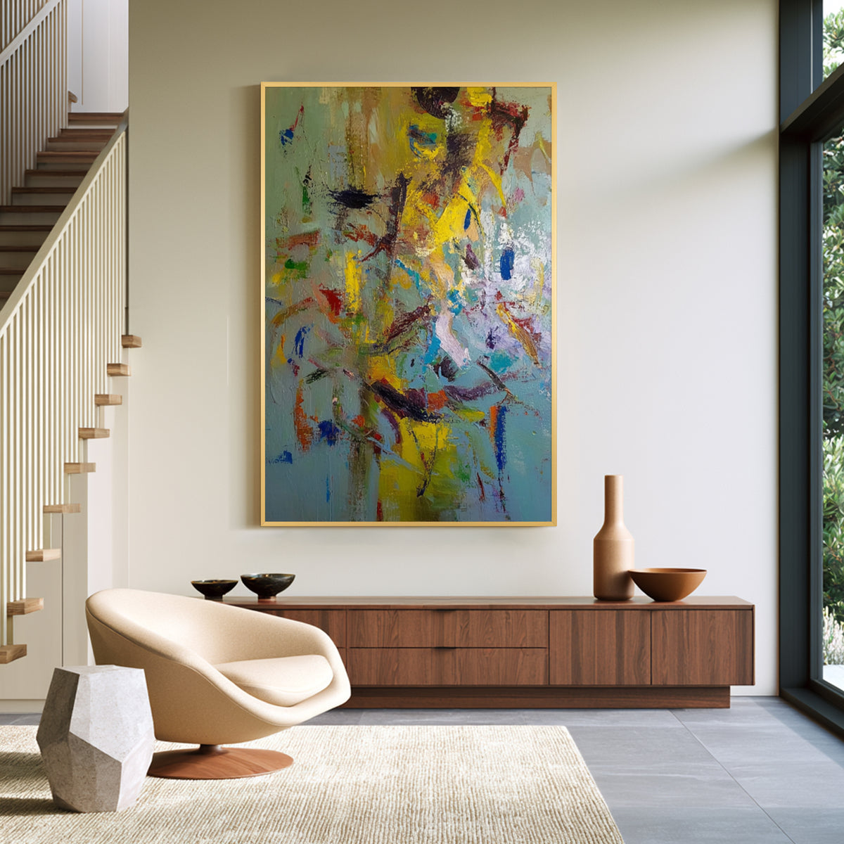 Vibrant abstract wall art with gold frame, colorful modern painting for contemporary living room decor