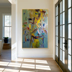 Vibrant colorful abstract wall art with gold frame, modern luxury home decor for living room interior