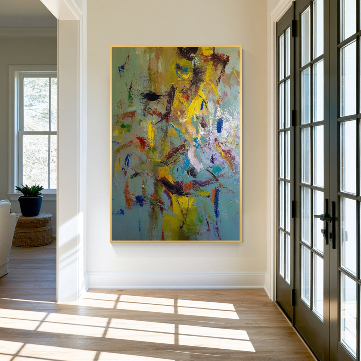 Vibrant colorful abstract wall art with gold frame, modern luxury home decor for living room interior