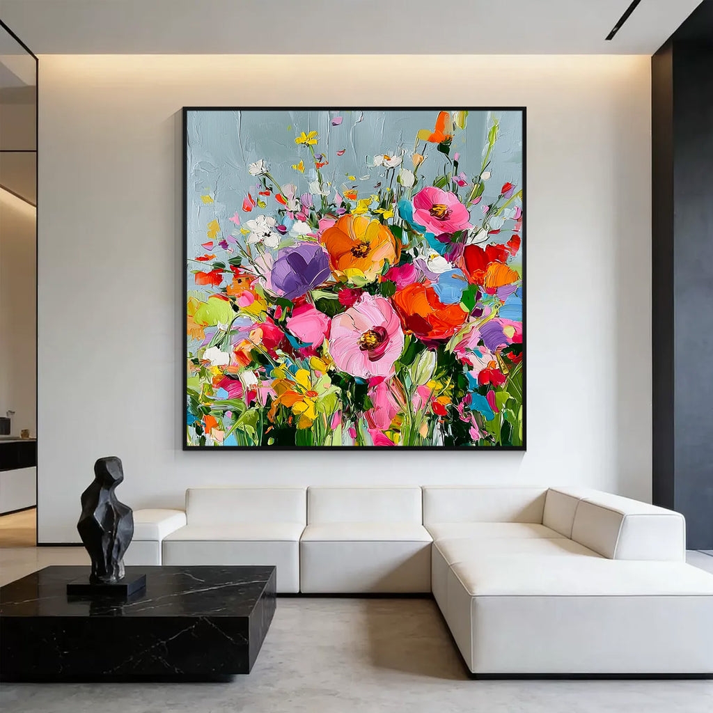 Vibrant flower textured canvas art with black frame, colorful abstract floral painting displayed in a modern living room interior