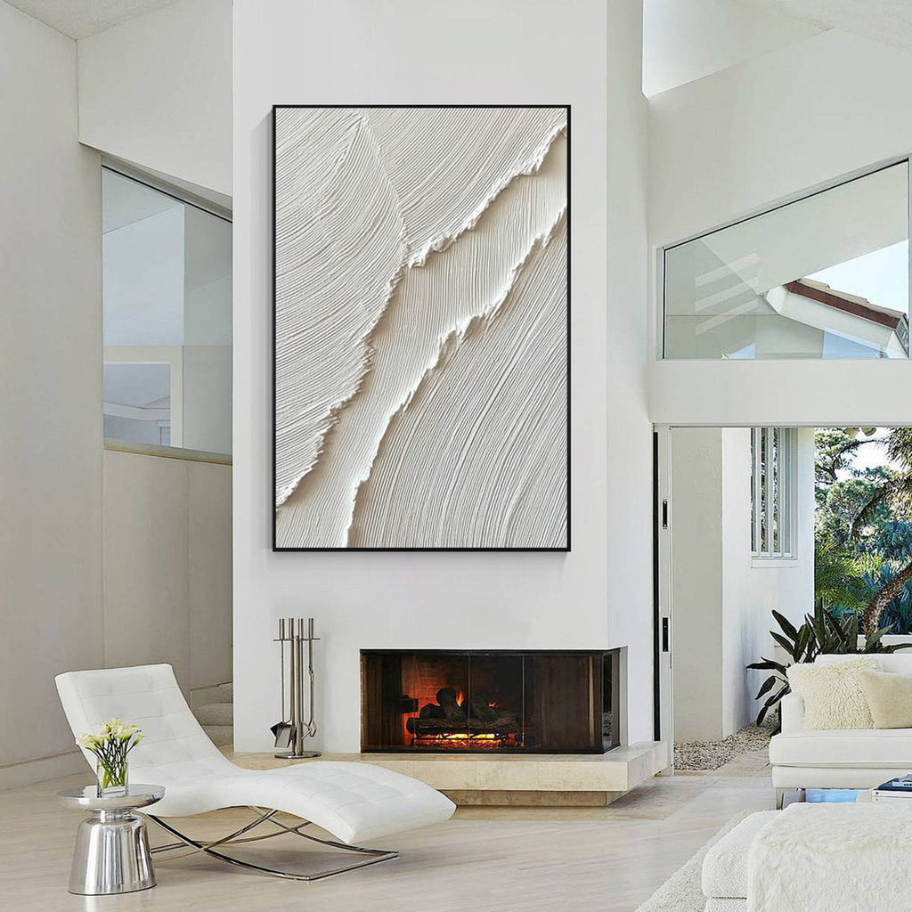 White relief textured abstract wall art with black frame, modern minimalist wall decor for luxury living room
