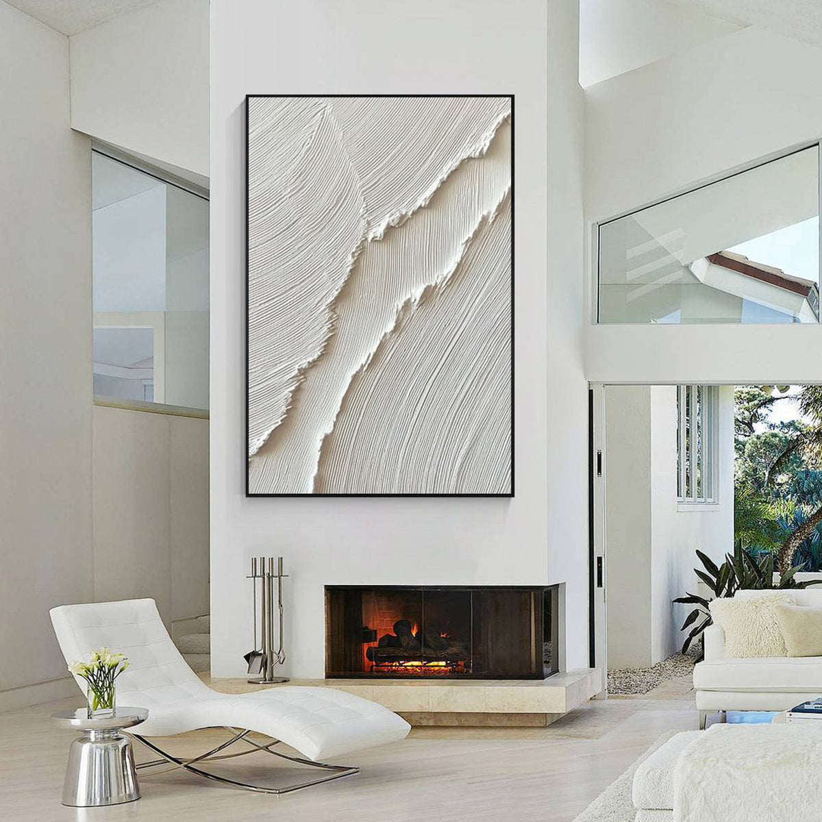 White relief textured abstract wall art with black frame, modern minimalist wall decor for luxury living room