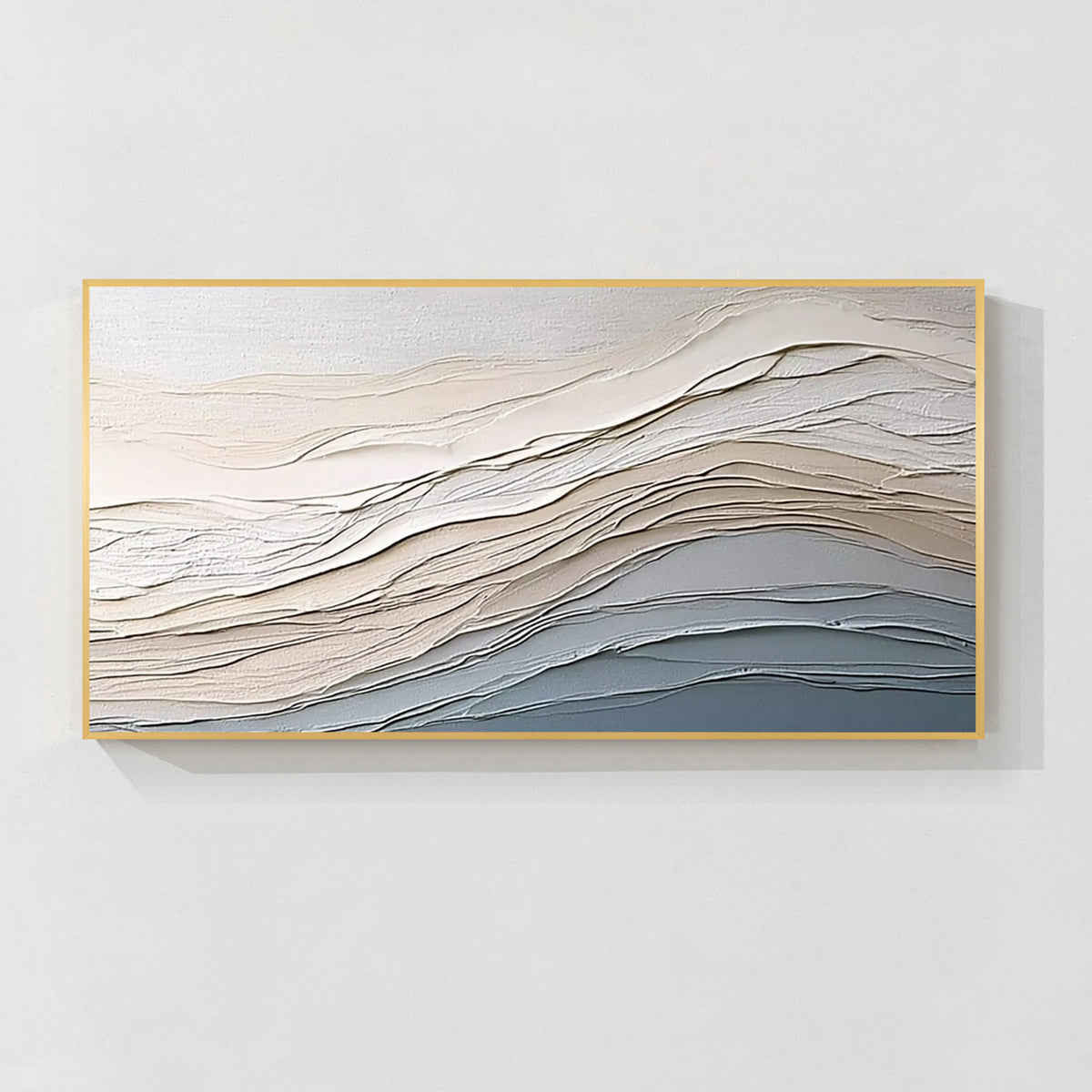 Minimalist wave textured abstract canvas with gold frame for modern living room decor