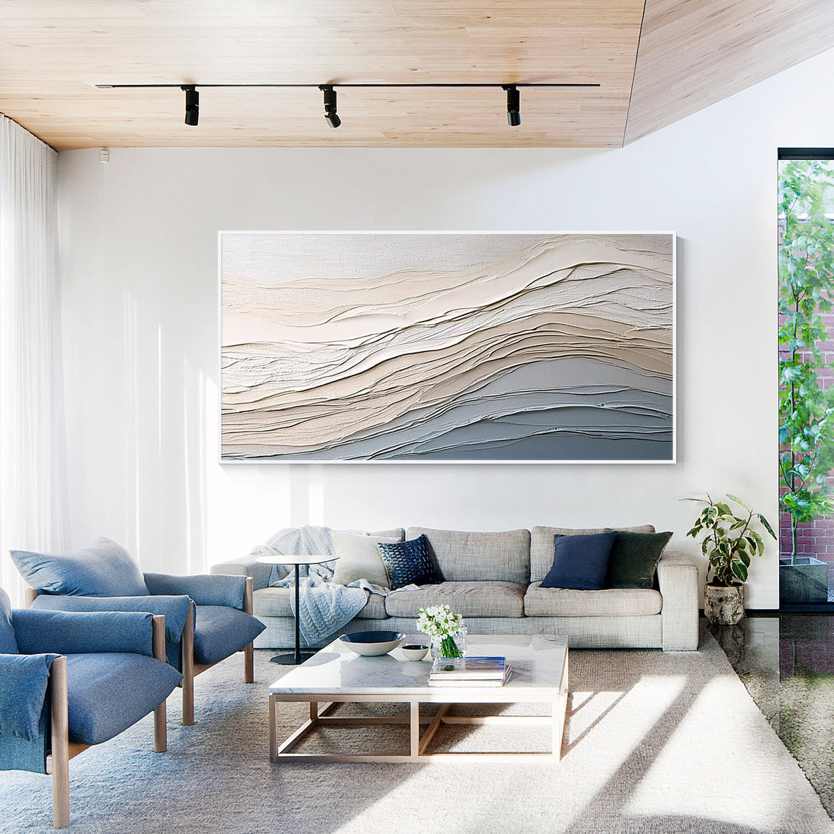 White frame neutral textured abstract wall art displayed in a modern living room above a sofa