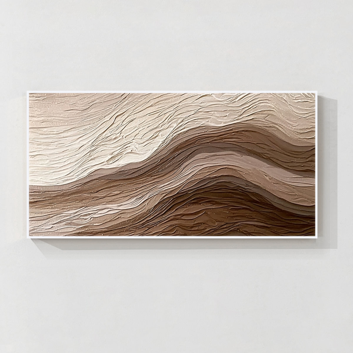 White framed 3D textured abstract wall art with layered beige and brown relief design, modern minimalist canvas artwork for home decor