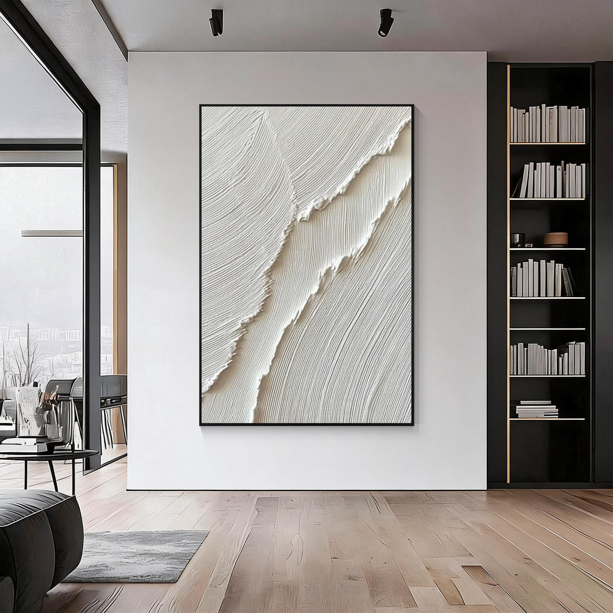 White relief textured abstract wall art with black frame, minimalist modern wall decor for contemporary living room