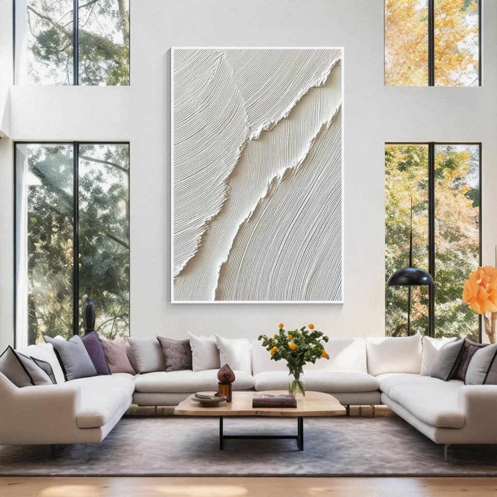 White relief textured abstract wall art with white frame, minimalist modern wall decor for living room