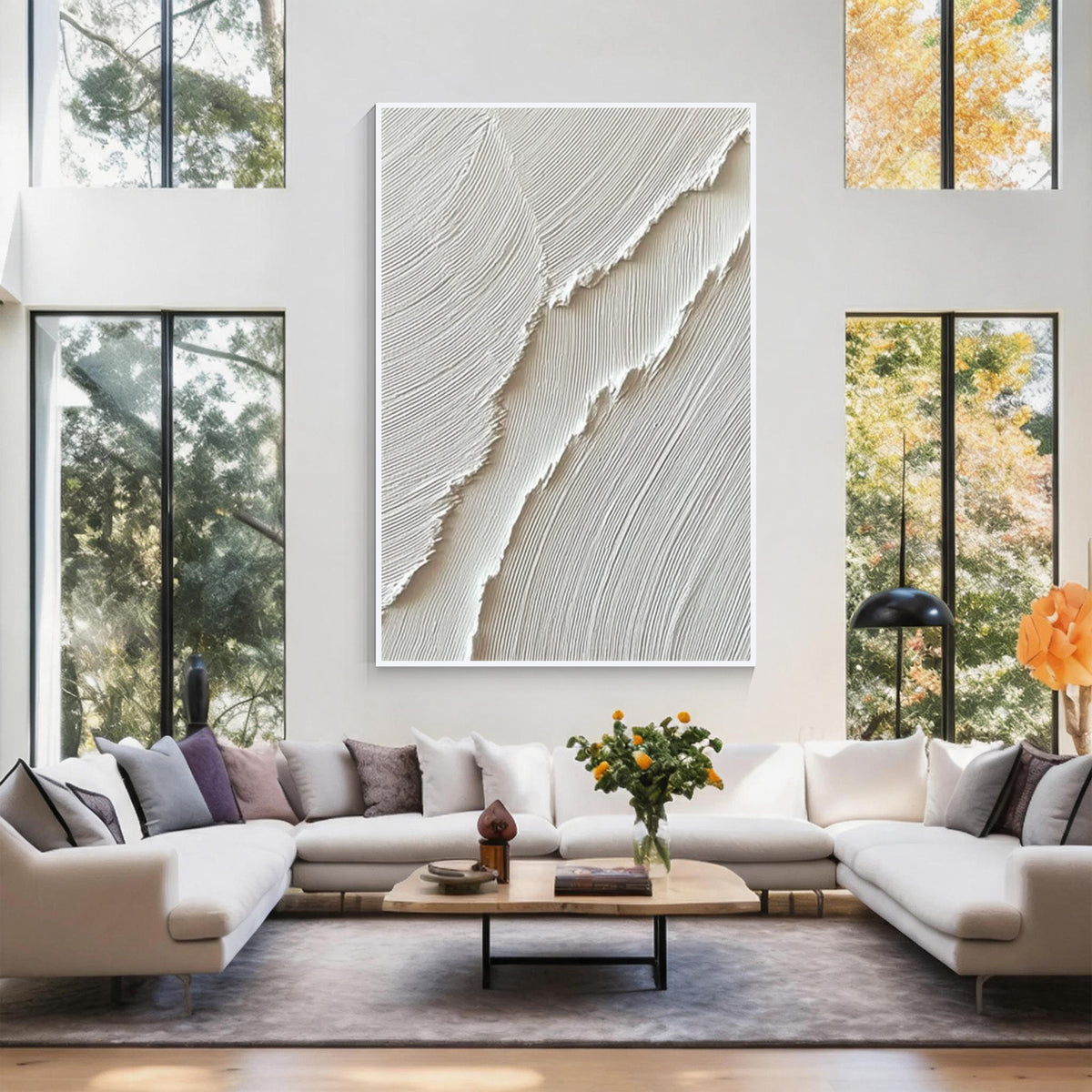 White relief textured abstract wall art with white frame, minimalist modern wall decor for living room