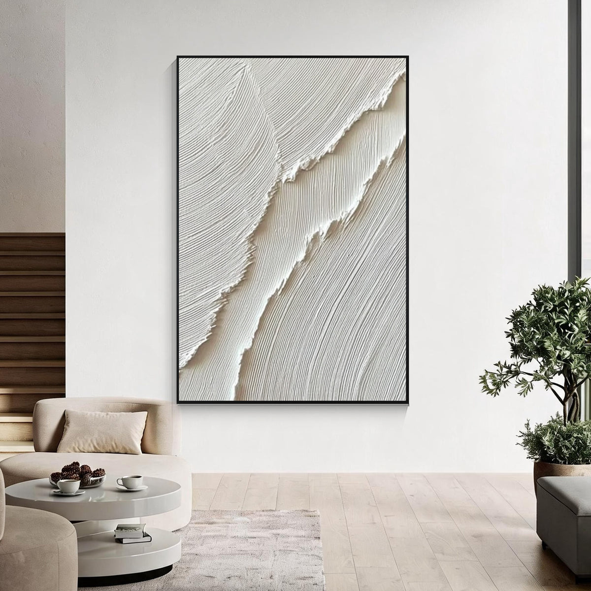Minimal white textured abstract wall art with black frame, modern neutral wall decor for living room