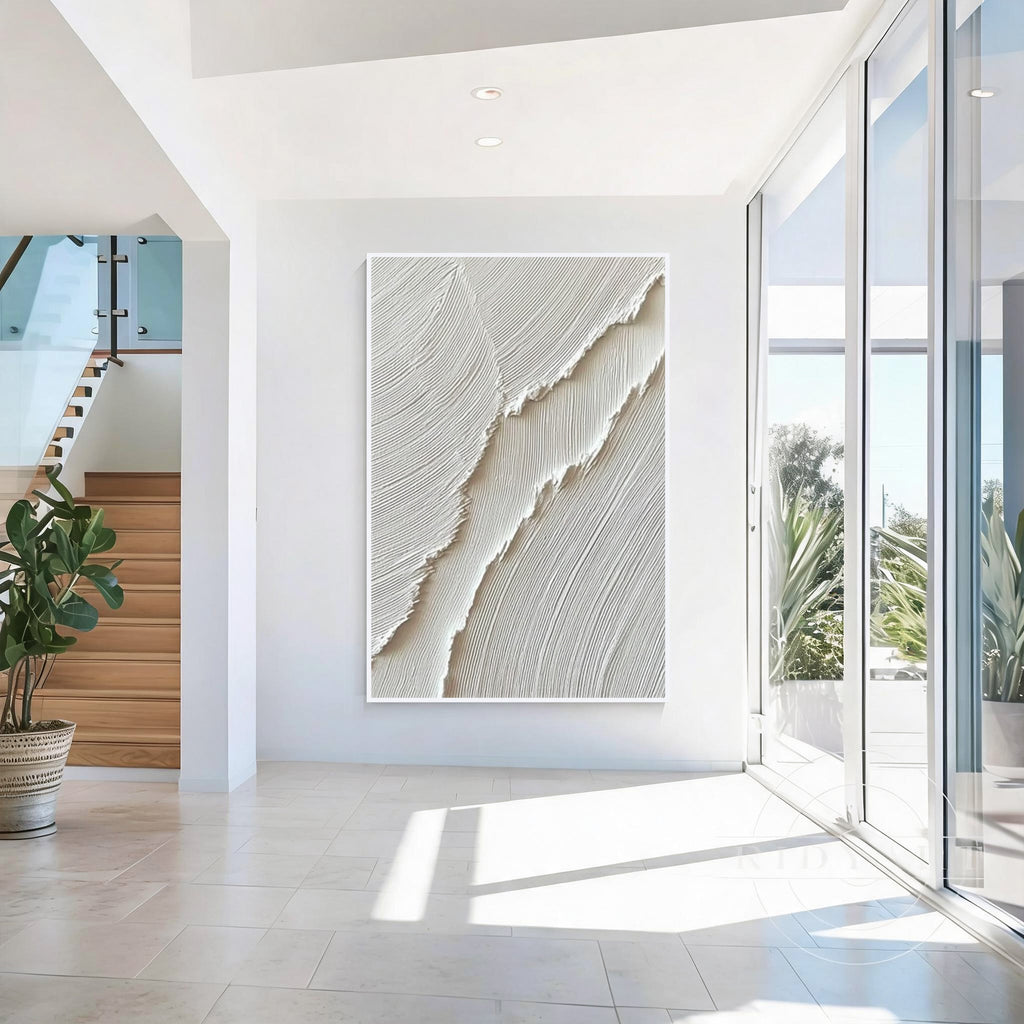White textured abstract wall art with white frame, minimalist modern wall decor for bright living room