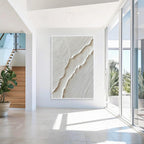 White textured abstract wall art with white frame, minimalist modern wall decor for bright living room