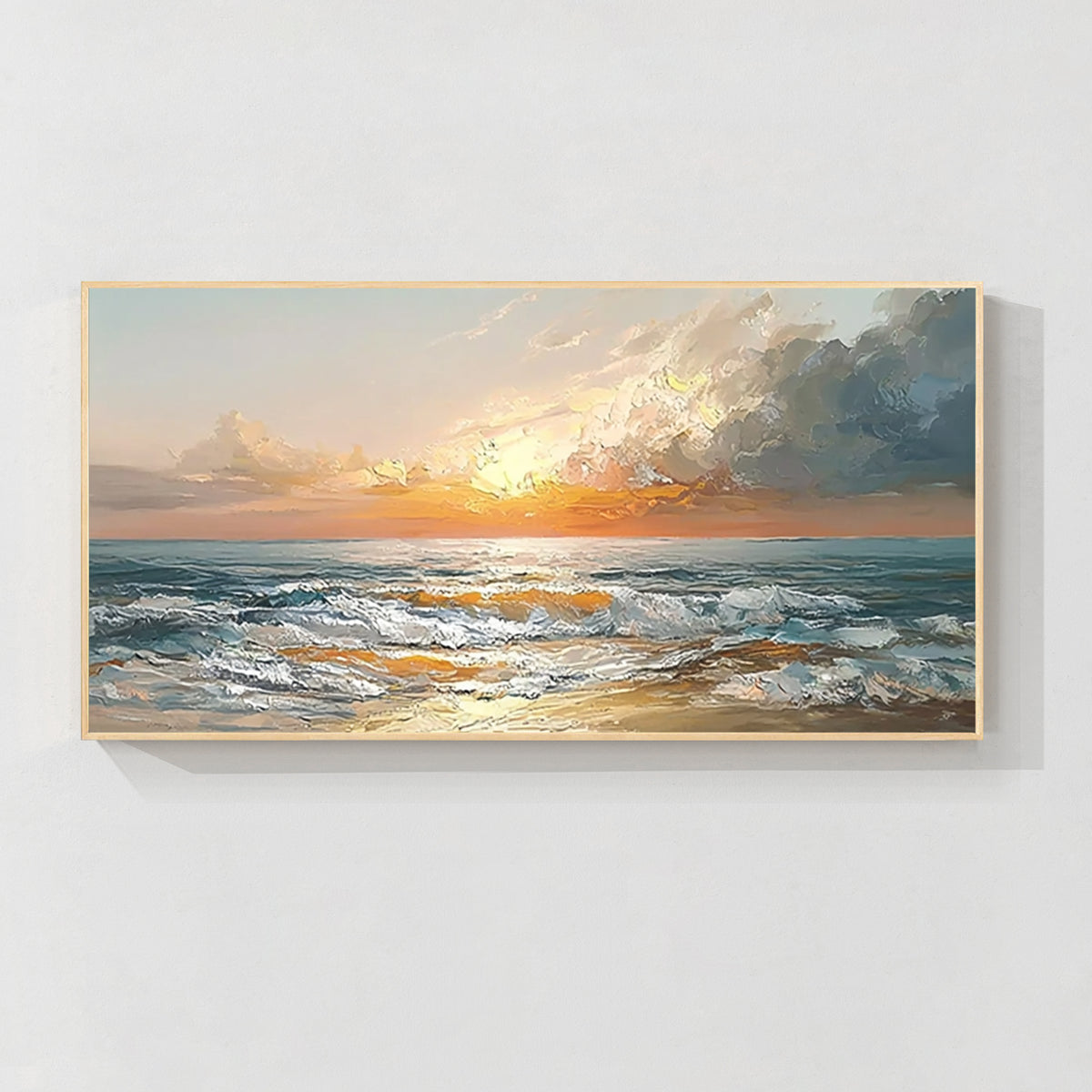 Wood frame ocean landscape wall art painting with sunset waves and coastal colors for modern home decor